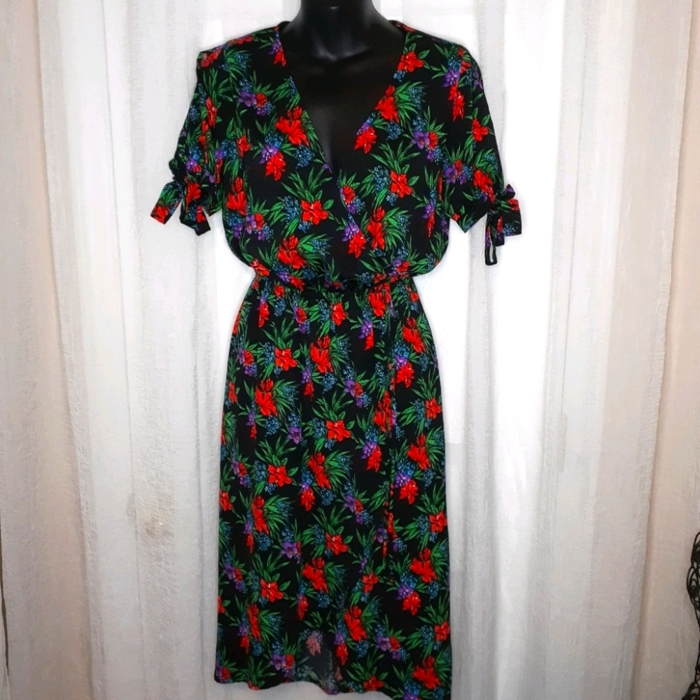 One Clothing  Black Wrap Dress with Floral‎ Design